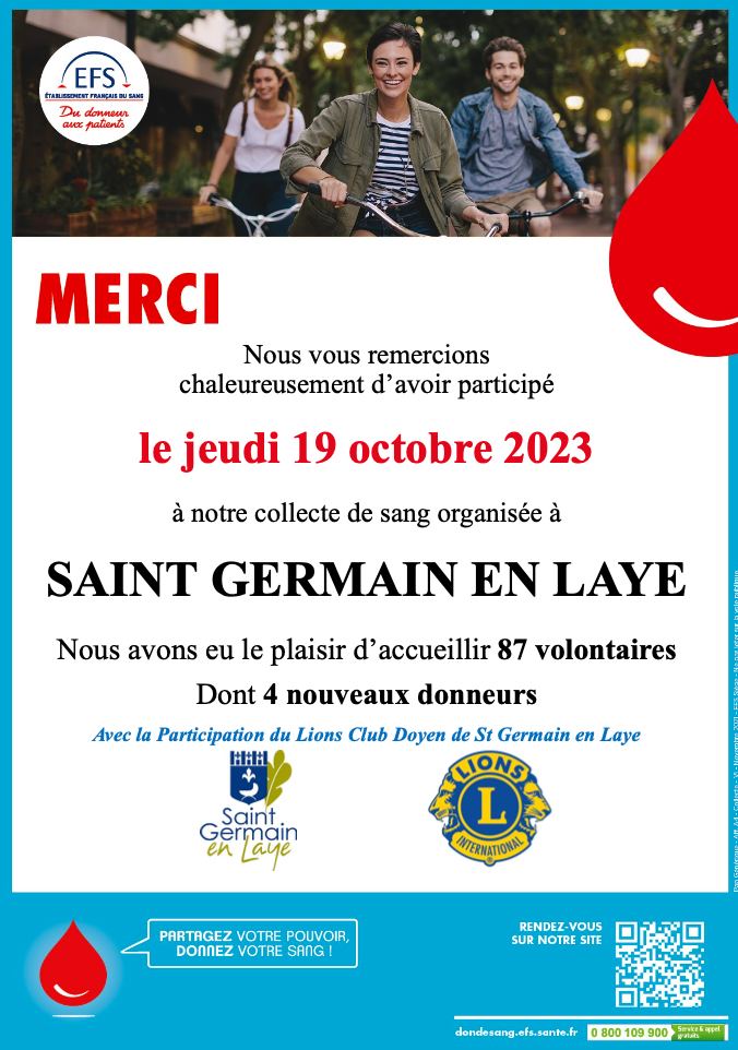 Opération don du sang du 19 octobre 2023.
Notre club étant présent, depuis maintenant plus de 3 ans à l'Hôtel de Ville dans des salles mises à disposition par la Mairie,  pour les collectes de sang gérées par l'Etablissement Français du Sang.